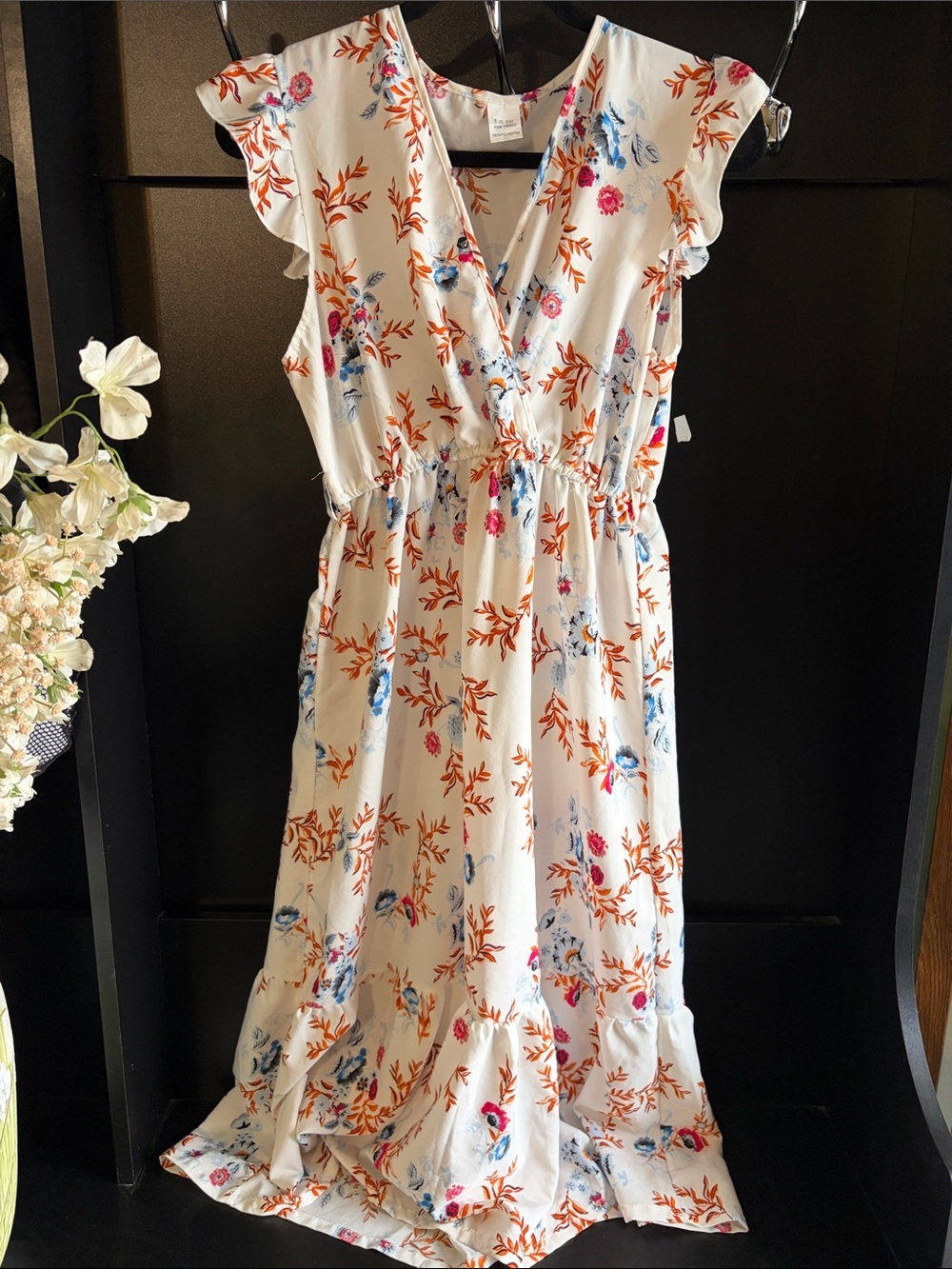 Floral Wrap Midi Dress in Ivory with Orange & Blue Print